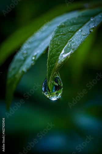 Nature's Intricate Details: Capturing the Beauty of a Single Raindrop on a Leaf Under Close Observation