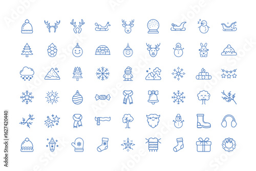 Vector art of collection of winter holiday icons including hats, reindeer, snowmen, trees, snowflakes, and gifts, isolated on white background