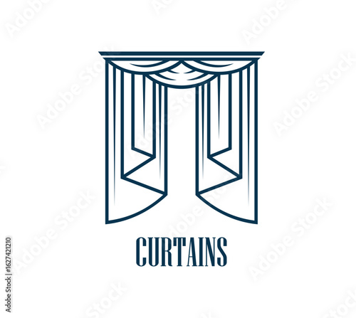 Curtains icon for opera theater or concert hall and musical show, vector line symbol. Curtain with drape folds in outline icon for theater, opera theatrical play, variety show and textile design salon