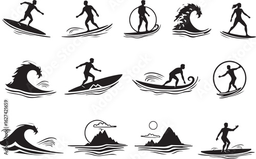Dynamic surfers ride powerful waves and scenic ocean landscapes