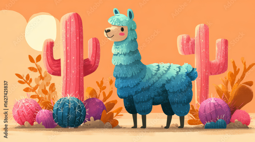 Obraz premium Whimsical desert scene with friendly blue llama standing among colorful pink and blue cacti under warm orange sky