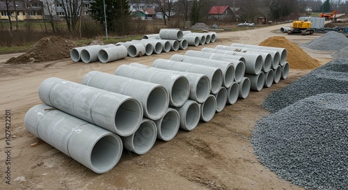 Concrete Pipes Stacked at Construction Site