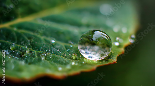 Nature's Intricate Details: Capturing the Beauty of a Single Raindrop on a Leaf Under Close Observation