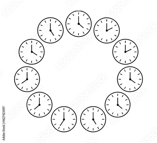Twelve Clock Faces Arranged in a Circle Showing Sequential Hours of the Day Concept