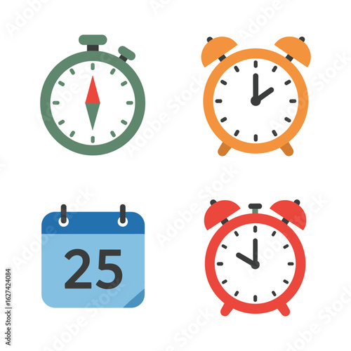 Time Management Icons Set Featuring Stopwatch Alarms and Calendar for Planning