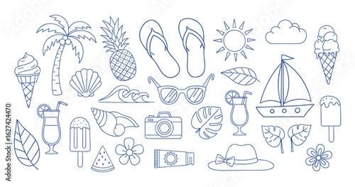 Collection of Detailed Line Art Icons Depicting Various Summer Vacation Elements, Isolated.