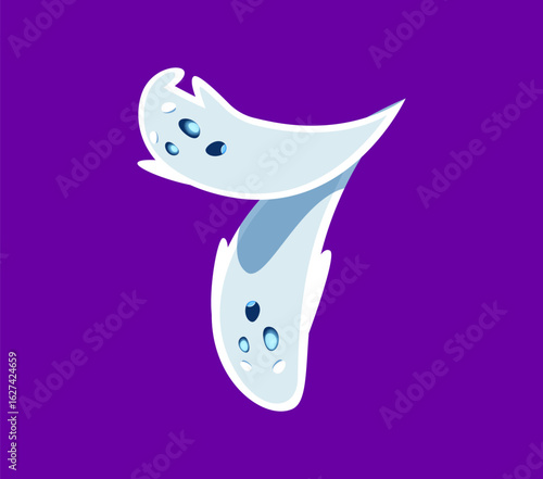Halloween font 7 digit ghost cartoon cute character. Scary monster character English ABC numeral symbol or Halloween funny ghost font typeset vector seven digit, latin alphabet figure or number