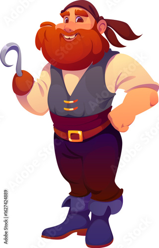 Cartoon Medieval pirate or corsair character with hook hand, vector personage. Funny pirate captain or boatswain and skipper man with red beard in bandana and funny smile as Caribbean pirate