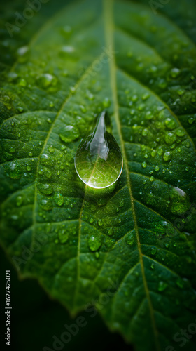 Nature's Intricate Details: Capturing the Beauty of a Single Raindrop on a Leaf Under Close Observation