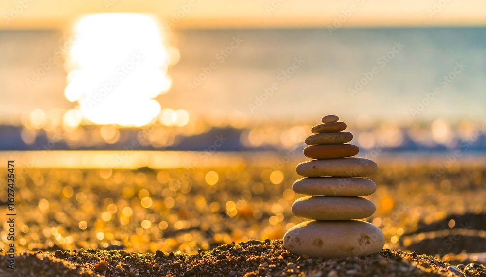 Obraz premium Serene Sunset Beach: Balanced Stones at Golden Hour