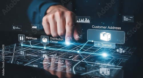 A hand interacts with a digital interface displaying a package delivery route with warehouse and distribution center icons.