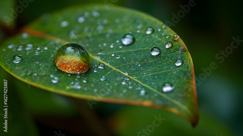 Nature's Intricate Details: Capturing the Beauty of a Single Raindrop on a Leaf Under Close Observation