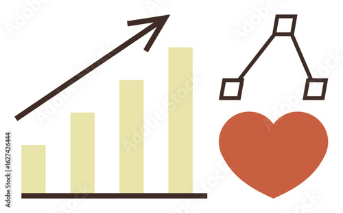 Bar chart with upward arrow, connected nodes, and heart. Ideal for growth, success, teamwork, connection, business progress health and social relationships. A simple flat metaphor