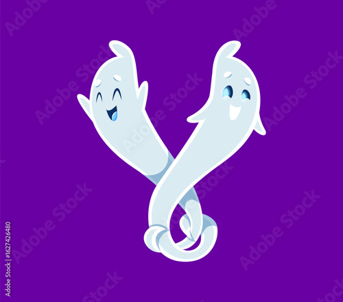 Halloween font Y letter ghost cartoon cheerful character. Funny phantom character English ABC letter, cute ghost mascot or horror spirit personage font typeset vector element. Latin alphabet symbol