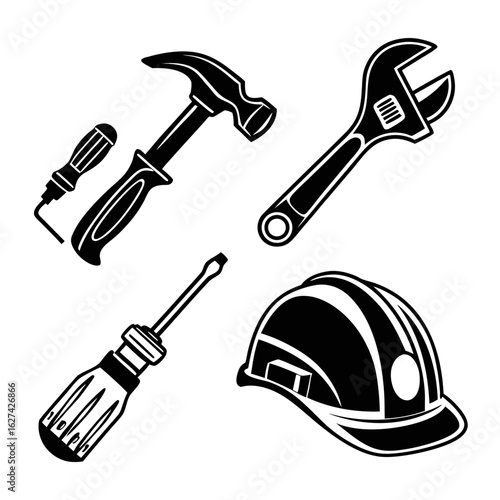 Collection of essential construction and repair tools including a hammer adjustable wrench screwdrivers and hard hat