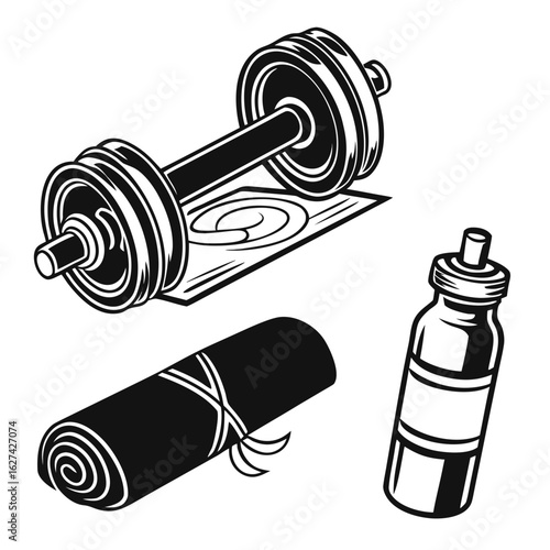 Black and white illustration of a dumbbell on a mat a rolled yoga mat and a water bottle for fitness