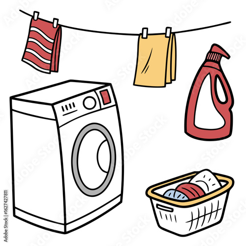 Cartoon illustration of a washing machine laundry basket detergent bottle and clothes drying on a line