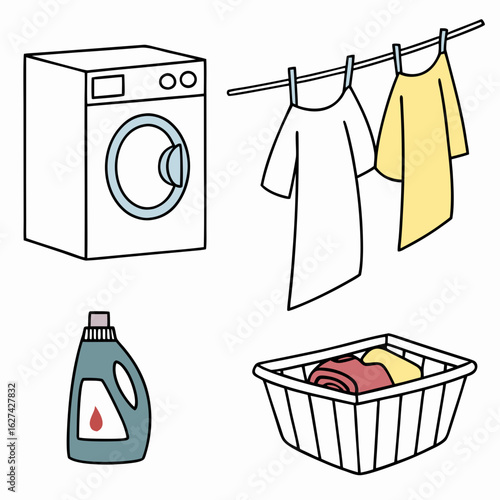 Cartoon style illustration of laundry day essentials including a washing machine clothesline with hanging garments detergent and a laundry basket