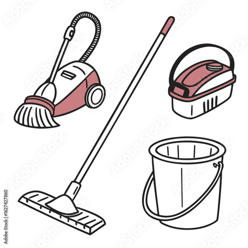 Collection of cartoon style cleaning supplies including a vacuum cleaner mop bucket and a cleaning brush with a bucket