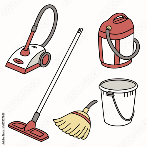 A collection of cartoon style cleaning supplies including a vacuum cleaner mop broom and buckets on a white background