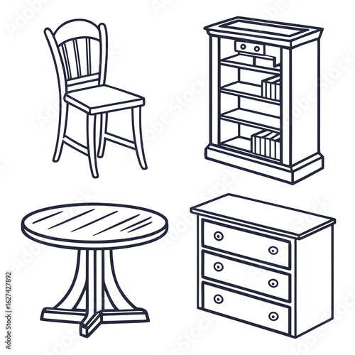 Set of four classic furniture pieces including a chair bookshelf round table and dresser in a simple line art style