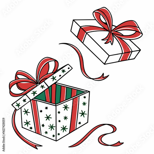 Two festive christmas gift boxes with red ribbons and bows one open revealing striped interior and snowflake decorations