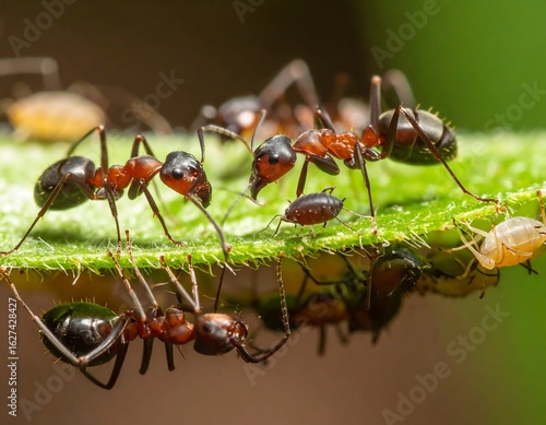 Macro photograph of red ants farming aphids on a green plant stem, showcasing a symbiotic relationship in nature.