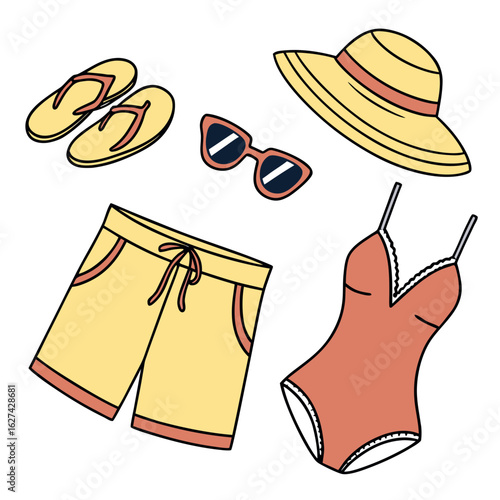 Collection of summer vacation essentials including a swimsuit shorts flip flops sunglasses and a sun hat on a white background
