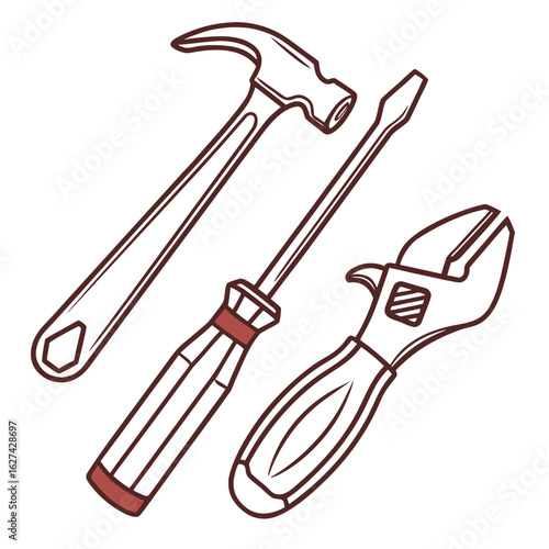 A simple line art illustration of a claw hammer a phillips head screwdriver and an adjustable wrench on a white background