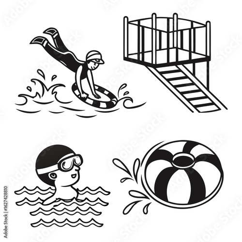 Cartoon illustration of children enjoying water activities like sliding down a water slide and swimming with a float