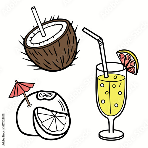 Refreshing tropical drinks including a coconut with a straw and a tall glass with yellow juice and citrus garnish