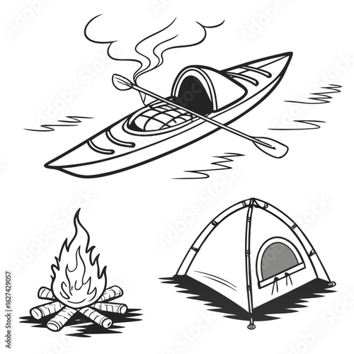 Black and white illustration of a kayak with a paddle a campfire and a tent representing outdoor adventure and camping activities