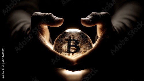 Hands holding a crystal ball displaying a bitcoin symbol.