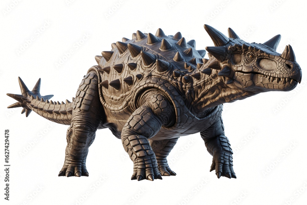 Fototapeta premium An Ankylosaurus, a heavily armored dinosaur, is shown in a defensive stance, covered in prominent spikes and a thick, bony club tail.