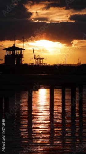 Golden sunset over calm water in slow motion with pier and cranes in silhouette in Melbourne
