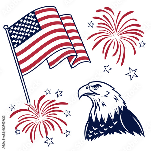 American flag waving with eagle and fireworks symbolizing patriotism and independence day celebration