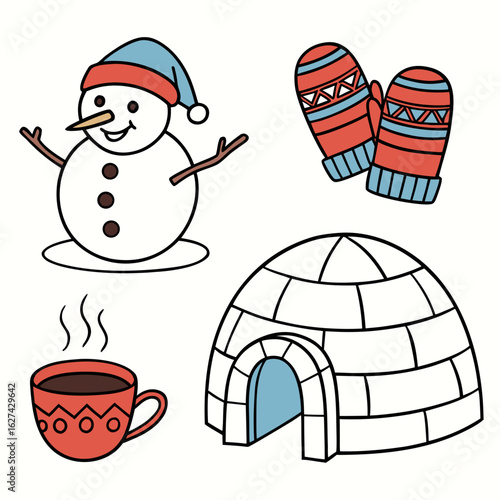 Charming winter scene featuring a happy snowman cozy mittens warm drink and an igloo illustration