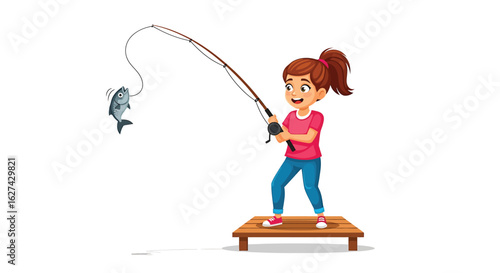 Cartoon girl fishing on a small wooden dock, happily catching a fish with her rod. Vector character illustration for hobbies.