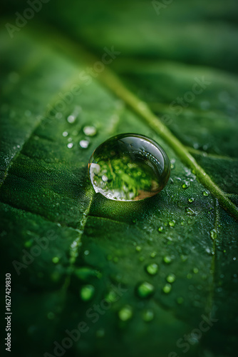 Nature's Intricate Details: Capturing the Beauty of a Single Raindrop on a Leaf Under Close Observation