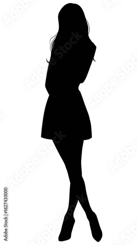 black silhouette of a woman with long hair dressed in dress and shoes in white background