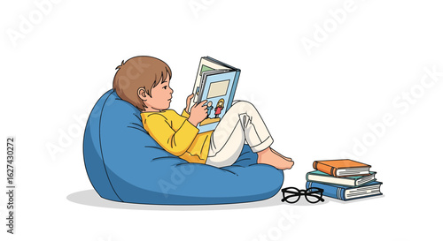 A young boy sits comfortably on a blue beanbag chair, engrossed in reading a book. Isolated vector illustration about childhood learning.