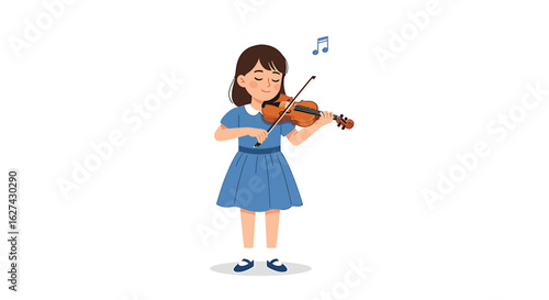 Charming little girl in a blue dress enjoying playing the violin, a musical hobby concept vector illustration.