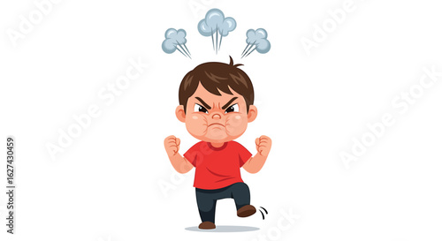Angry young boy with a furious expression stomping his foot in a tantrum. Vector illustration of a child fuming with rage.