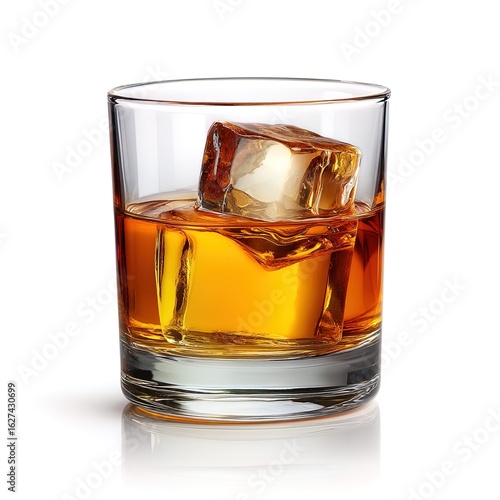 A glass of whiskey with a single ice cube, isolated on white,