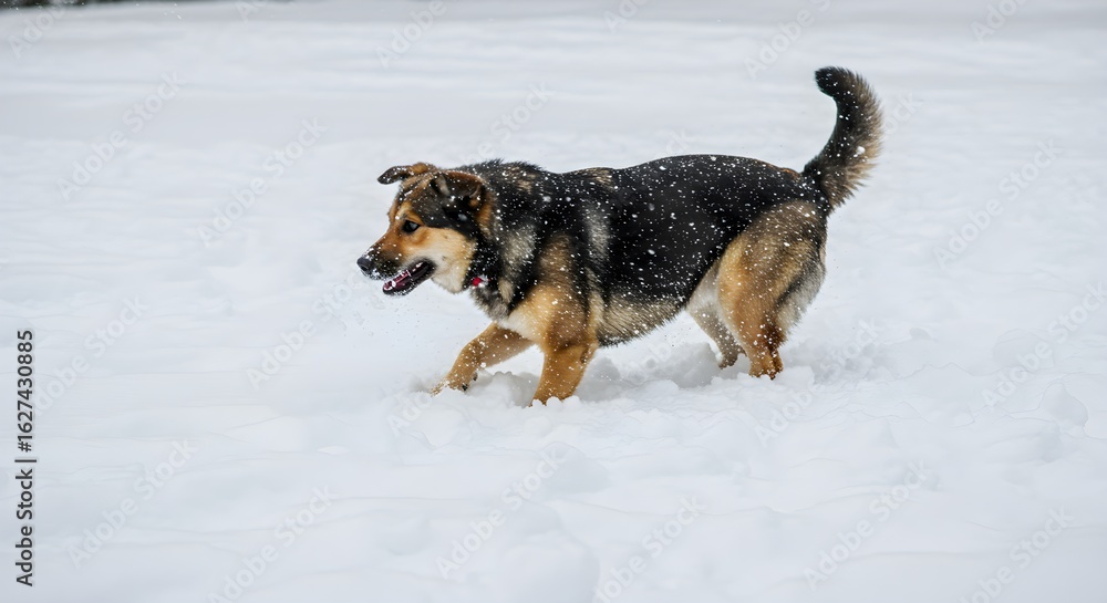 Dog walking in winter snow Dog walking in winter snow