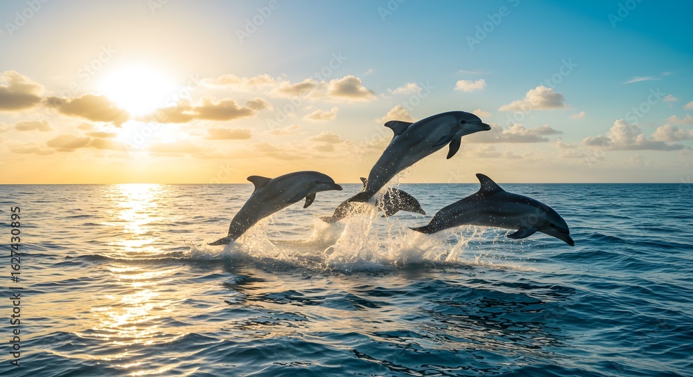 Fototapeta premium Dolphins jumping at sunset