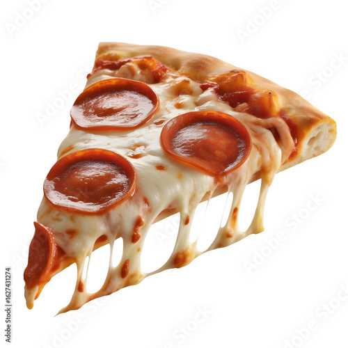 A lifted slice of pepperoni pizza with dripping cheese