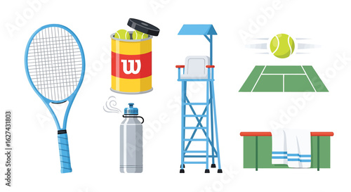 Vector collection of professional tennis equipment and match accessories isolated on white background