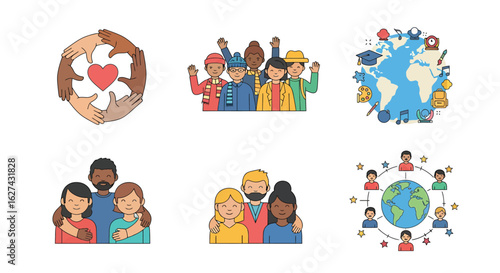 Set of flat line icons illustrating multicultural community, global unity, and social diversity concepts.