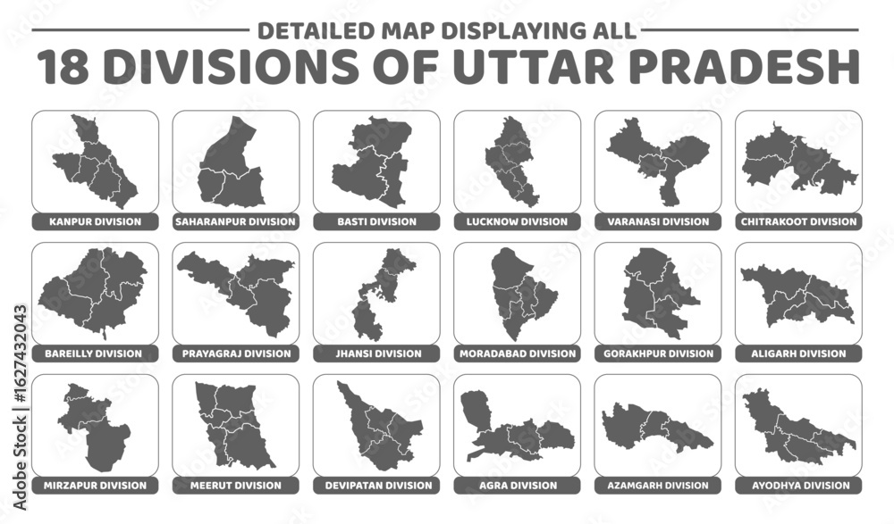 Naklejka premium All 18 Administrative Divisions of Uttar Pradesh – Illustrated Map View